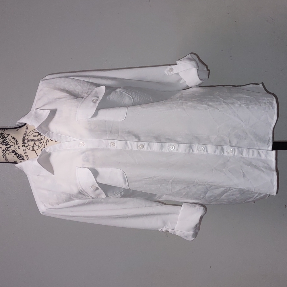 Notations White Collared Long Sleeve Tops Size L Roll Tab 100% Polyester - Picture 2 of 15